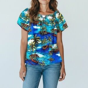 Vintage Bishop St. blouse women's M Hawaiian palm tree ocean tropical aloha top